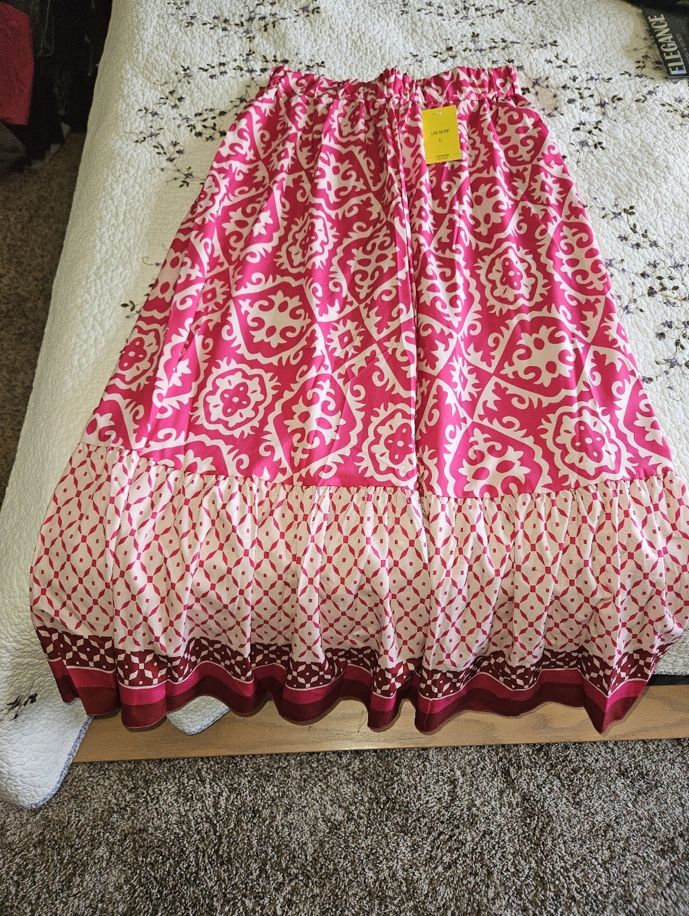 Pink Patterned Maxi Skirt with Tiered Hem
